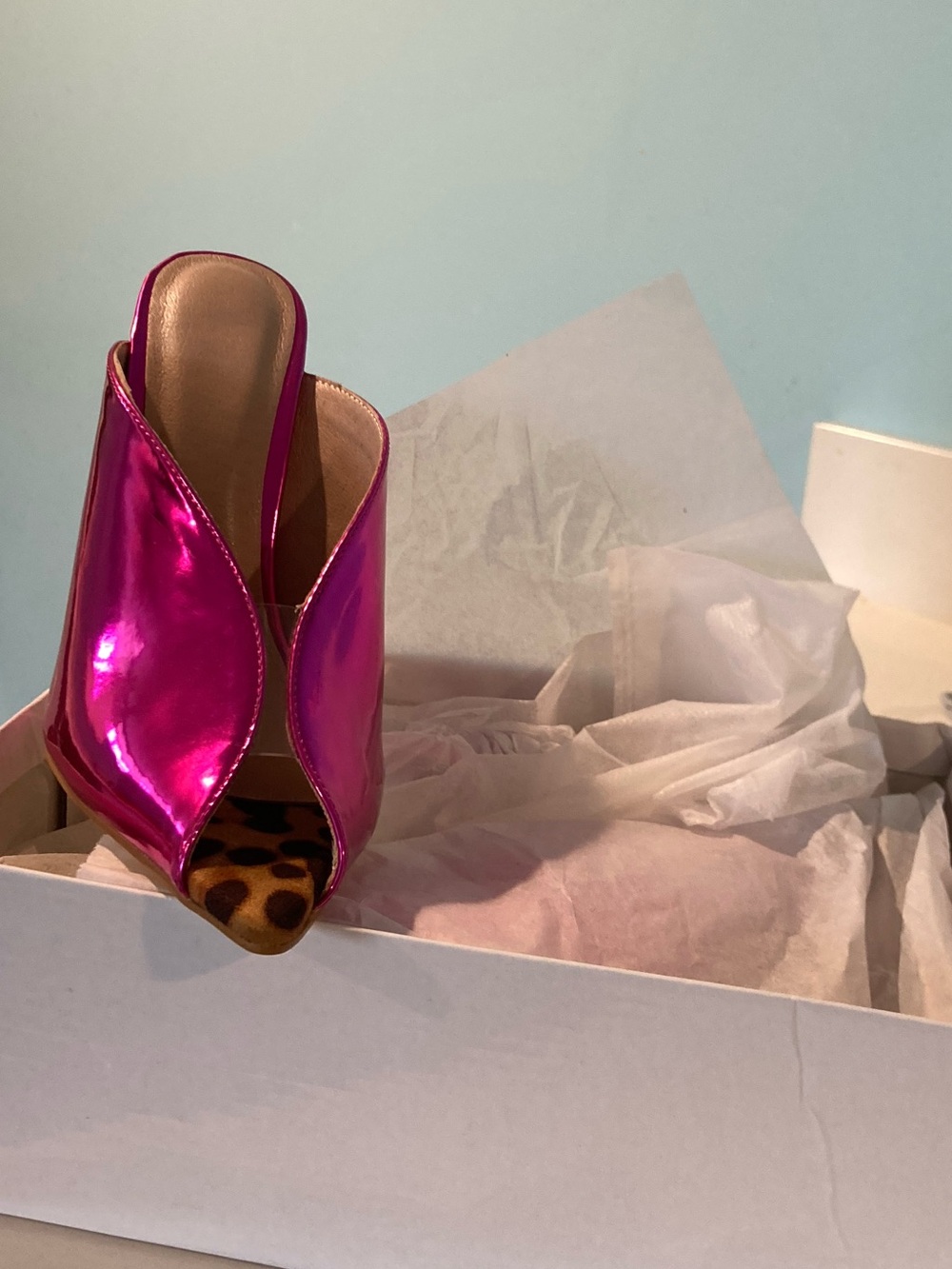 Metallic Fuchsia Open-Toe Mule with Leopard Inset - Picture 2 of 3